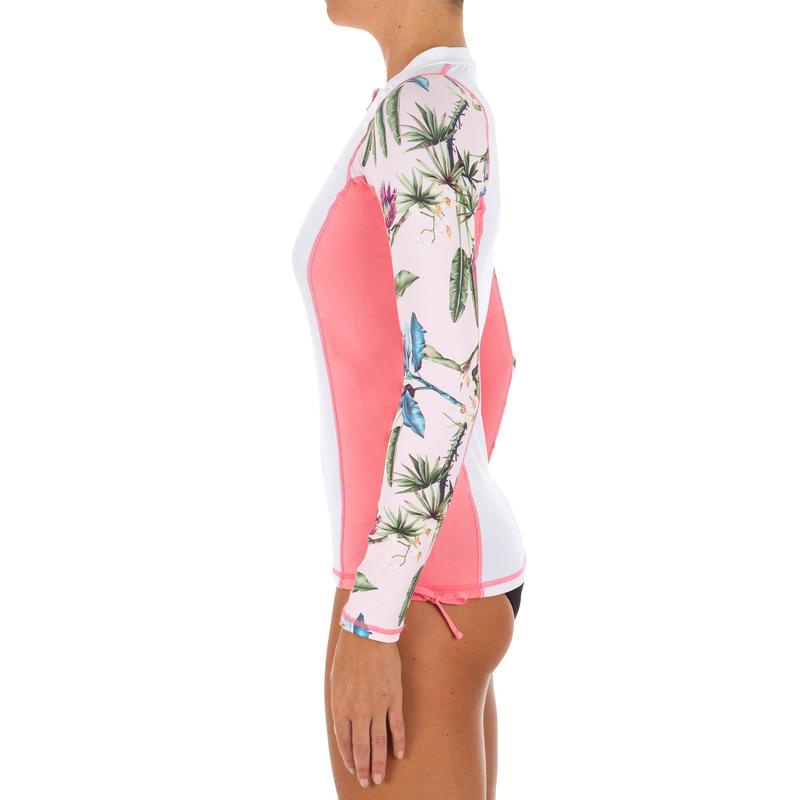 Áo thun lướt sóng dài tay chống tia cực tím Decathlon Olaian 500 cho nữ - họa tiết trắng hồng