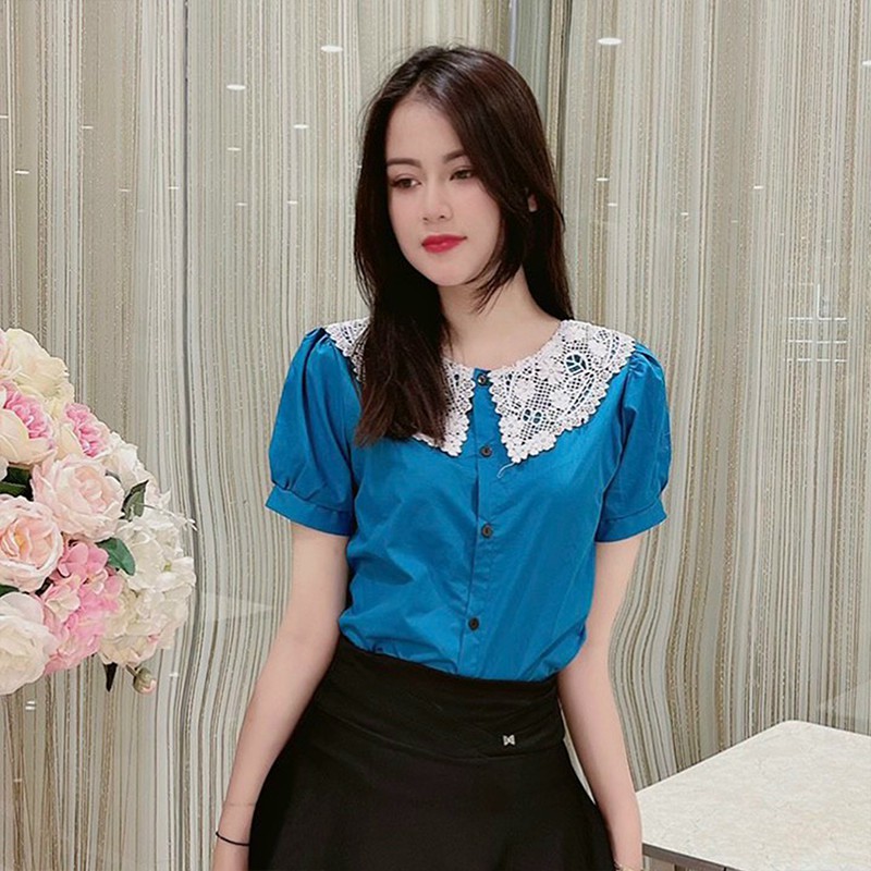 Áo Sơ Mi Nữ Kiểu Công Sở Ngắn Tay Cổ Tròn Ren - 5 Màu Trắng Vàng Xanh Nâu Hồng - Hanlly Fashion Thời Trang - A16