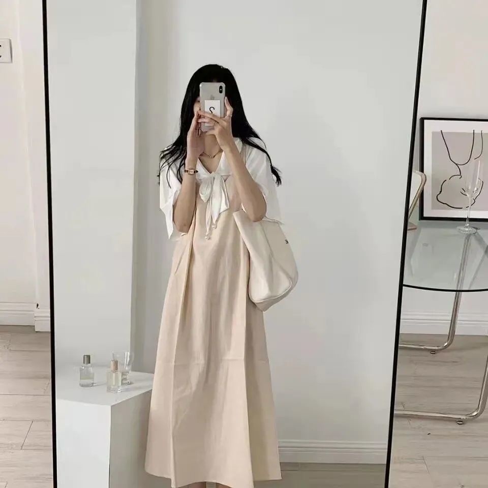 Set áo sơ mi + đầm yếm thắt nơ Perty thời trang Hàn Quốc xinh xắn cho nữ