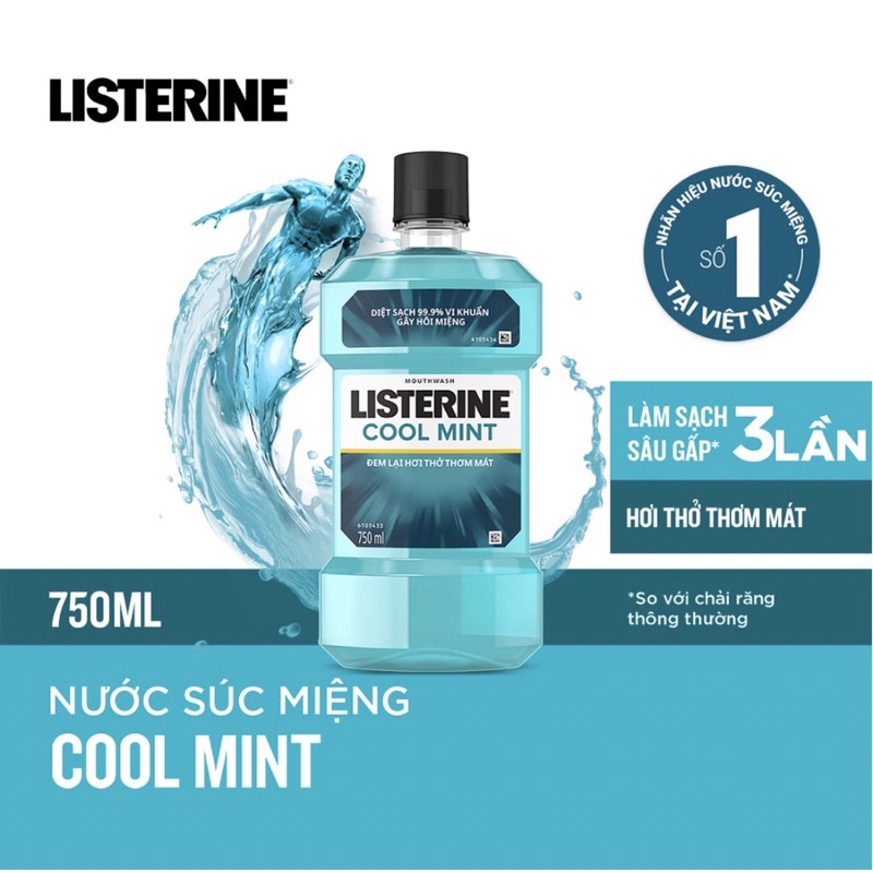 Nước súc miệng Listerine cool mint bạc hà thơm mát diệt sạch 99.9% vi khuẩn. Listerin nhập khẩu chính hãng
