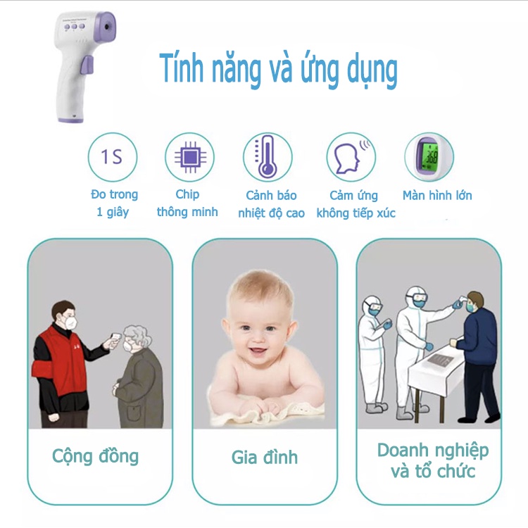 Máy đo nhiệt độ hồng ngoại loại không tiếp xúc đo trán và gáy - Tặng pin bảo hành 12 tháng - KU0026