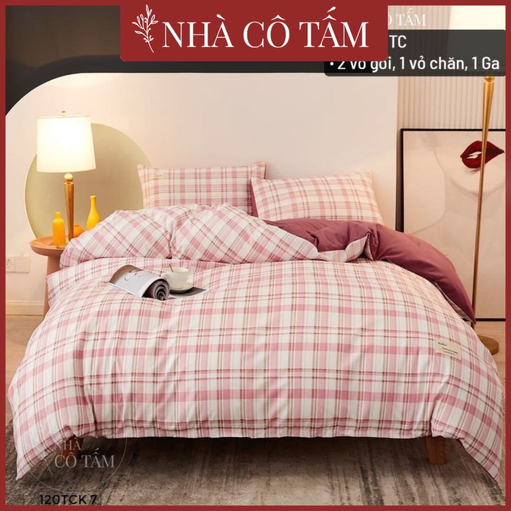 Bộ Chăn Ga Kẻ Xinh Giá Sốc Cotton Tici Cao Cấp Hàn Hồng Trắng Dày Dặn Nhà Cô Tấm (Có Hình Ảnh Thật)