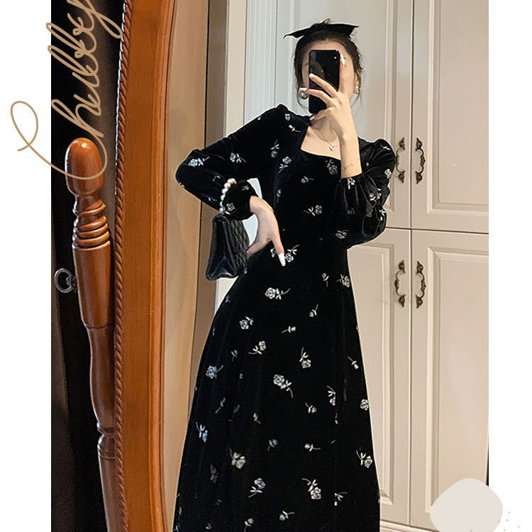 Bán Chạy!F &amp; X Đầm Nhung Dài Tay In Họa Tiết Phong Cách Mori Nhẹ Nhàng Thanh Lịch Dành Cho Nữ