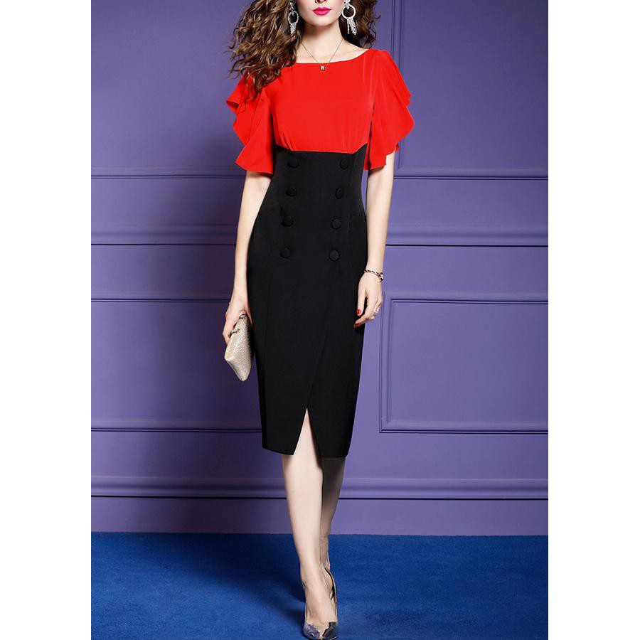 GOTI - Đầm Ôm Công Sở Nữ Kiểu Phối Màu Đính Nút Tay Cánh Tiên 3184