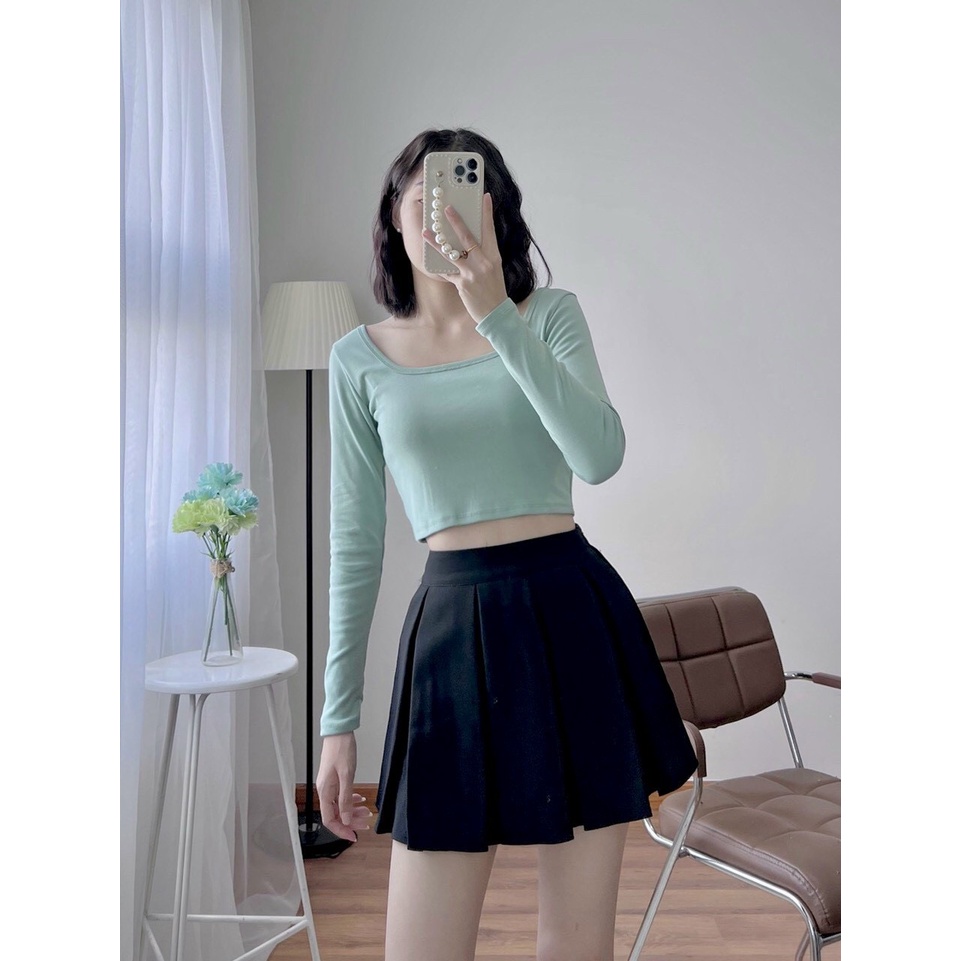 [ HÀNG SẴN + ẢNH THẬT ] ÁO THUN NỮ CỔ VUÔNG TRÒN TAY DÀI DÁNG ÔM - ÁO CROPTOP NHIỀU MÀU - HÀNG CHUẨN SHOP