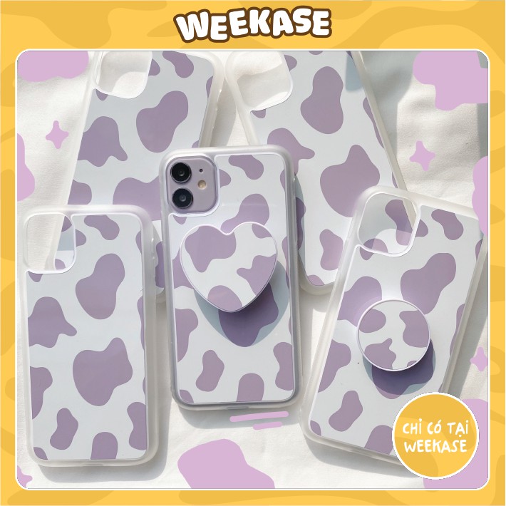 [HOTDEAL99K] Combo ốp lưng iPhone dẻo viền trắng kèm giá đỡ Weekase in hình họa tiết bò sữa tím, tất cả dòng máy