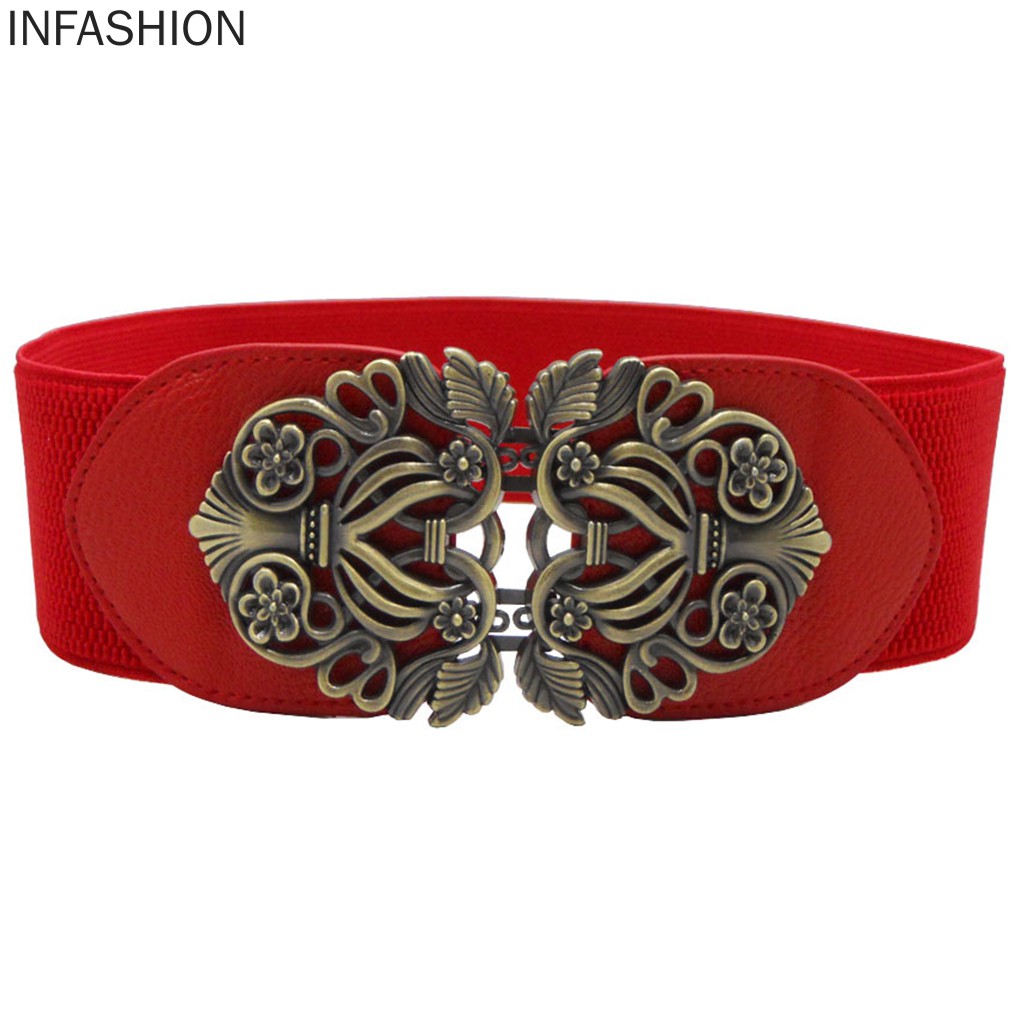 Thắt lưng da bản to khóa kim loại hình hoa cách điệu phong cách vintage thời trang cho nữ