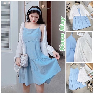 Set Váy BabyDoll Blue  SUA Store Váy 2 Dây Xanh kèm Áo Sơ Mi Khoác Ngoài Dạo Phố Đi Biển CHất lượng Cao Giá Rẻ