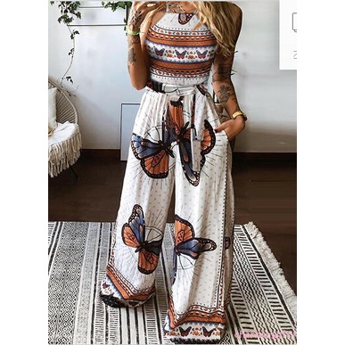 Set đồ 2 món gồm áo hai dây in hình bướm + Quần ống rộng cho nữ