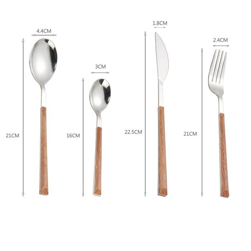 Set 4 dụng cụ ăn uống gồm muỗng + nĩa + dao inox tay cầm gỗ cao cấp