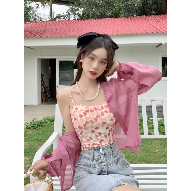 Áo Hai Dây Họa Tiết Trái Tim Gợi Cảm Cho Nữ Dễ Thương