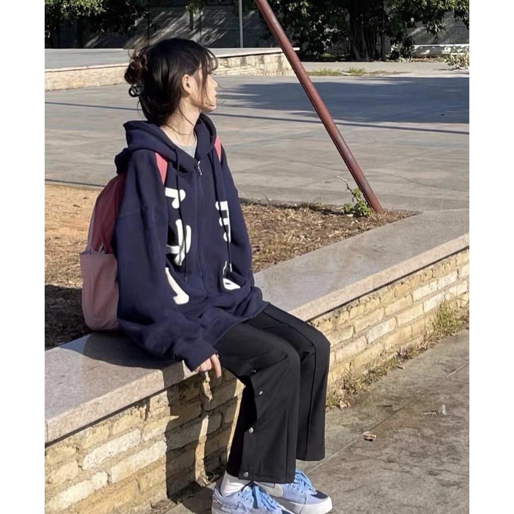 Set Bộ Đồ Nữ Thu Đông Form Rộng Áo Khoác Hoodie Zip Quần ống suông bấm cúc Ulzzang Unisex