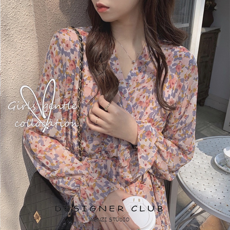 SUXI Đầm Voan Hoa Dáng Dài Phong Cách Vintage Thời Trang Thu Đông Dành Cho Nữ