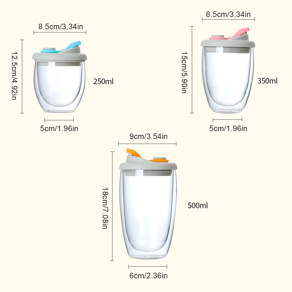 Cốc Thủy Tinh Hai Lớp Cách Nhiệt Có Nắp Dung Tích 250ml / 350ml / 450ml