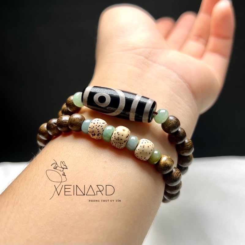 Vòng tay trầm gió vườn 6.8mm mix dzi 2 mắt