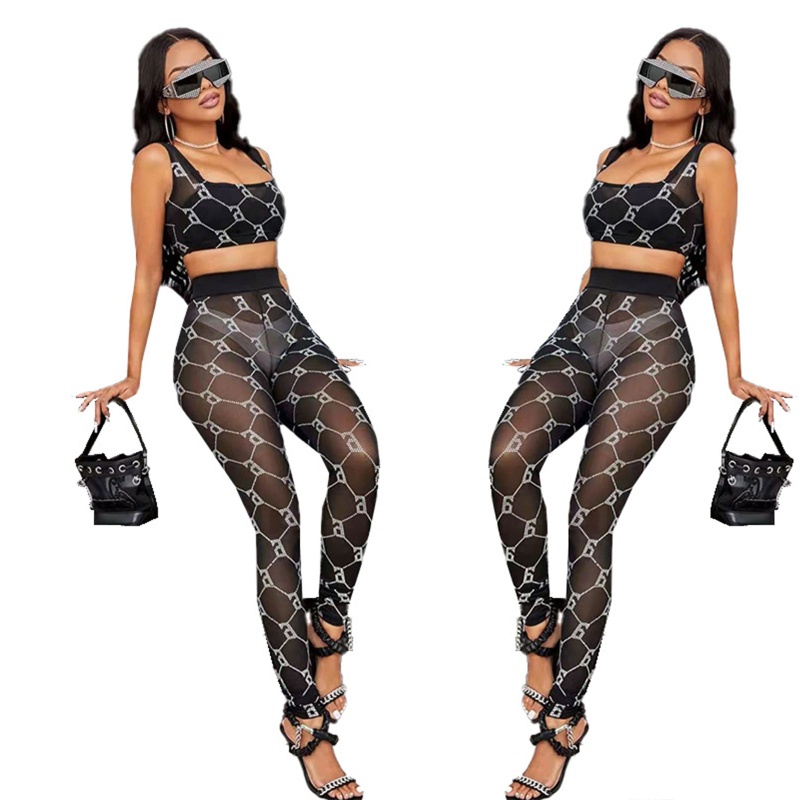 Set Đồ 2 Mảnh Áo Croptop Lưới Xuyên Thấu Không Tay Phối Quần Legging Lưng Cao Thời Trang Quyến Rũ Cho Nữ