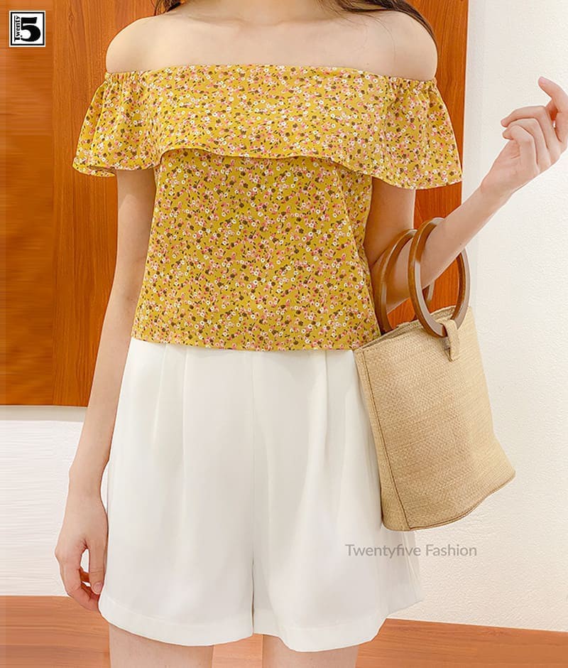 Áo kiểu nữ trễ vai hoa nhí bèo nhún viền Twentyfive N179