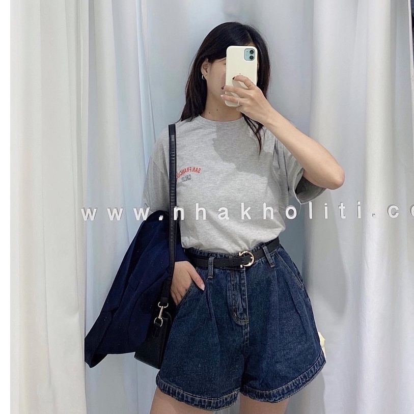 Quần short jean ống rộng lưng cao vintage kèm nịt - Q791