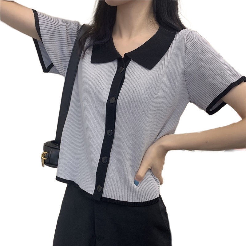 Áo polo Dệt Kim Mỏng Tay Ngắn Phối Màu Tương Phản Thời Trang Mùa Hè Cho Nữ