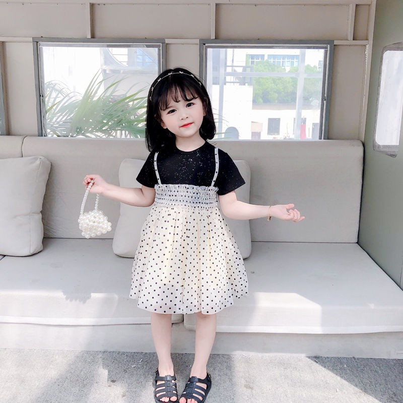 Đầm Hoạ Tiết Chấm Bi Phối Lưới Kiểu Công Chúa Phong Cách Hàn Quốc Thiết Kế Dễ Thương Cho Bé Gái