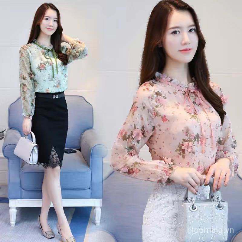 Áo sơ mi voan tay dài in họa tiết hoa thanh lịch thời trang xuân thu cho nữ