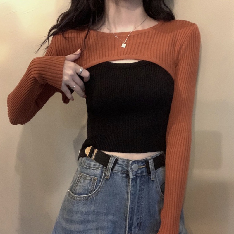 Áo Croptop Dệt Kim Tay Dài Thiết Kế Đơn Giản