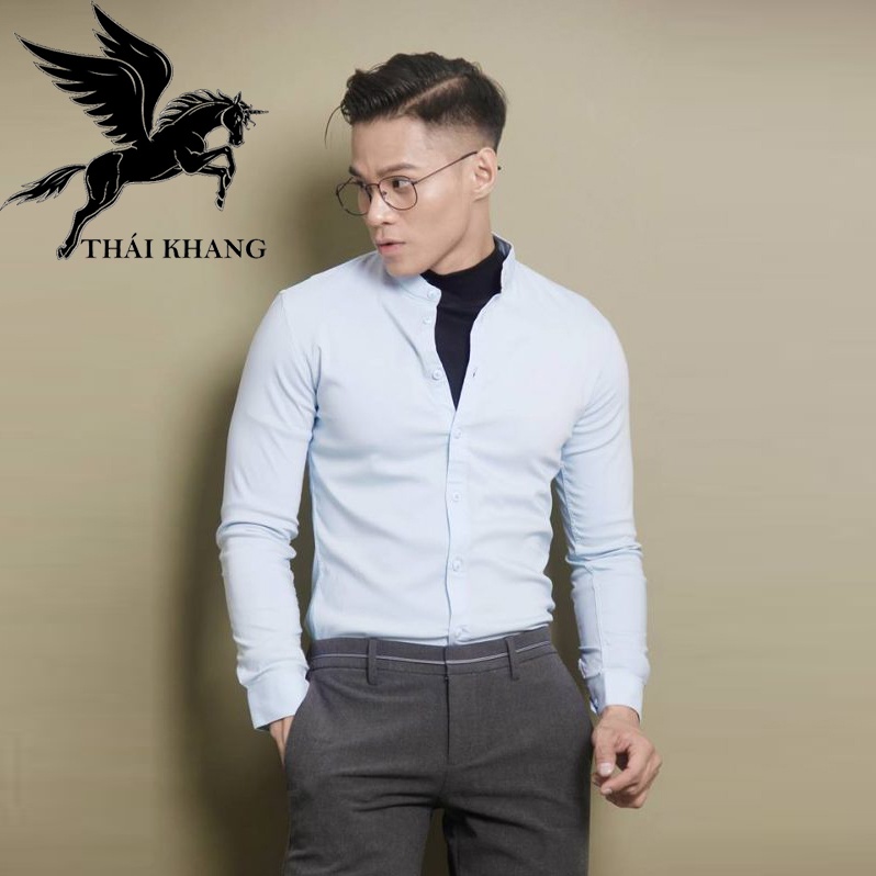 Áo sơ mi nam cổ trụ dài tay vải cotton mềm mặc mát form slimfit