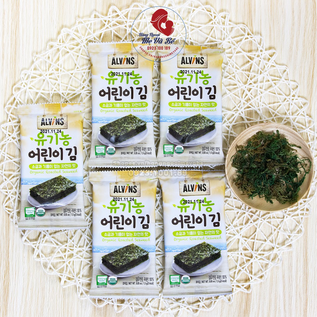 Rong biển TÁCH MUỐI ăn liền dạng lá ORGANIC ALVIN cho bé, rong biển ăn liền, rong biển hàn quốc [Date 1/2022]