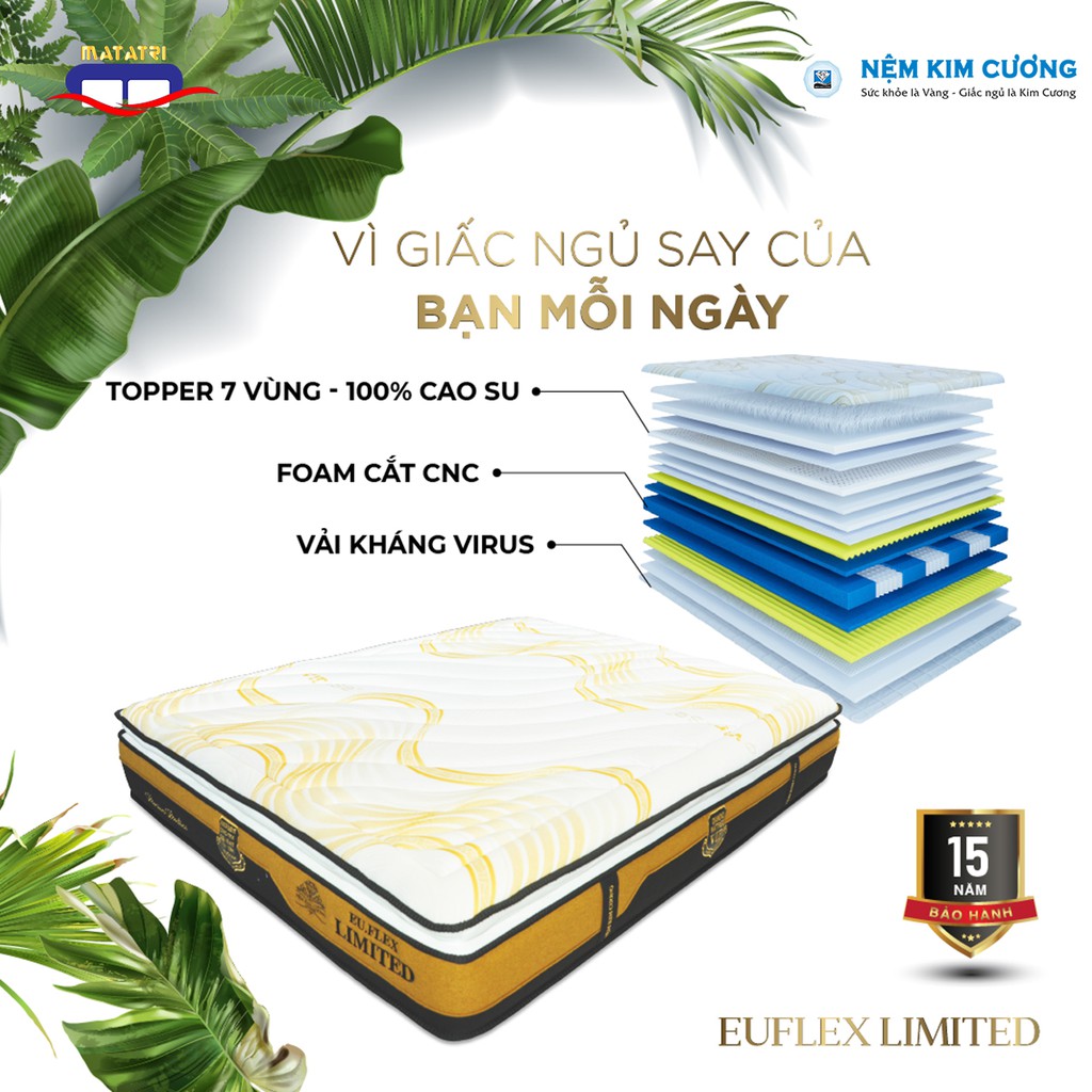 Nệm lò xo túi độc lập kết hợp foam và topper 7 vùng cao cấp chính hãng Kim Cương EU.FLEX LIMITED cao 28 cm.