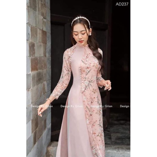 Áo Dài Hoa Nhí 4 Tà Tay Lỡ Cổ cao.