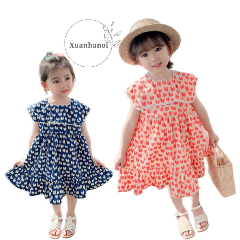 Váy bé gái Babydoll đuôi cá cổ yếm vuông 2 mầu Xanh và Cam XHN871