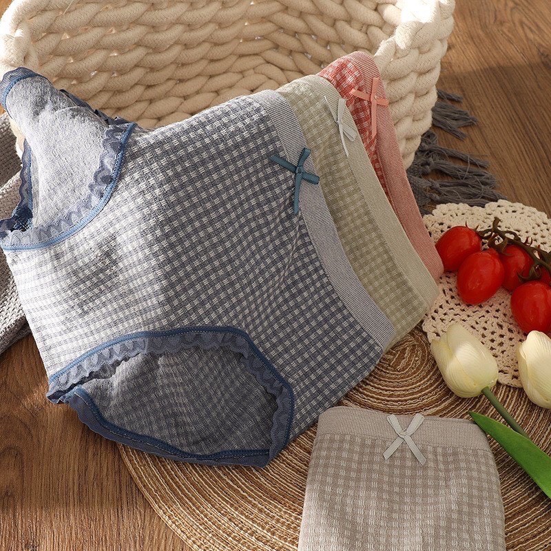 Quần lót cotton kẻ caro phối ren thấm hút mồ hôi kháng khuẩn Ms 789
