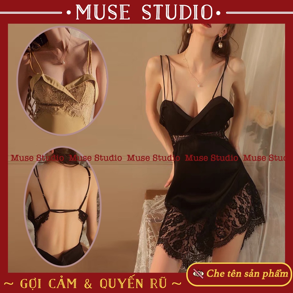 Váy ngủ sexy, đầm ngủ hai dây gợi cảm vải satin phối ren ngực và hông