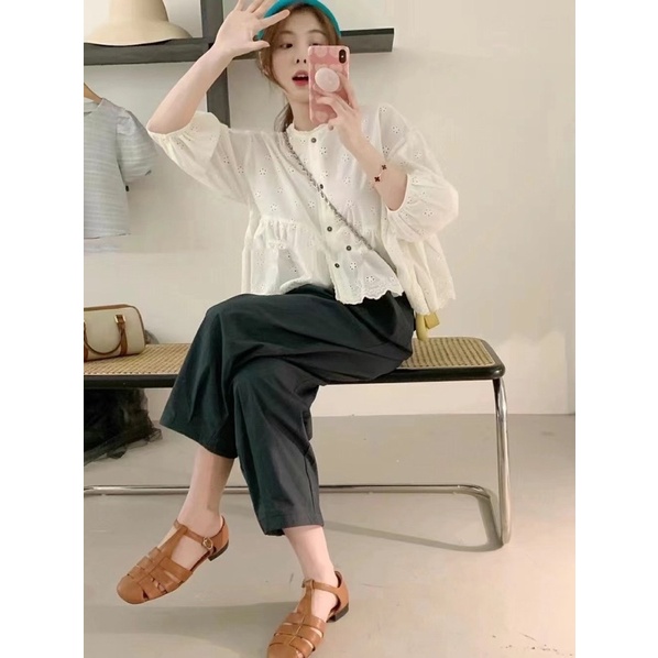 Áo babydoll ren thô dễ thương màu kem phong cách Nhật nữ tính điệu đà mang hằng ngày tiểu thư hàn quốc