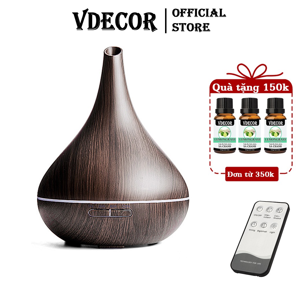 Máy Xông Tinh Dầu Siêu Âm Vdecor Bình Rượu Tích Lớn 550ml | Vân Gỗ Sang Trọng | Kèm remote