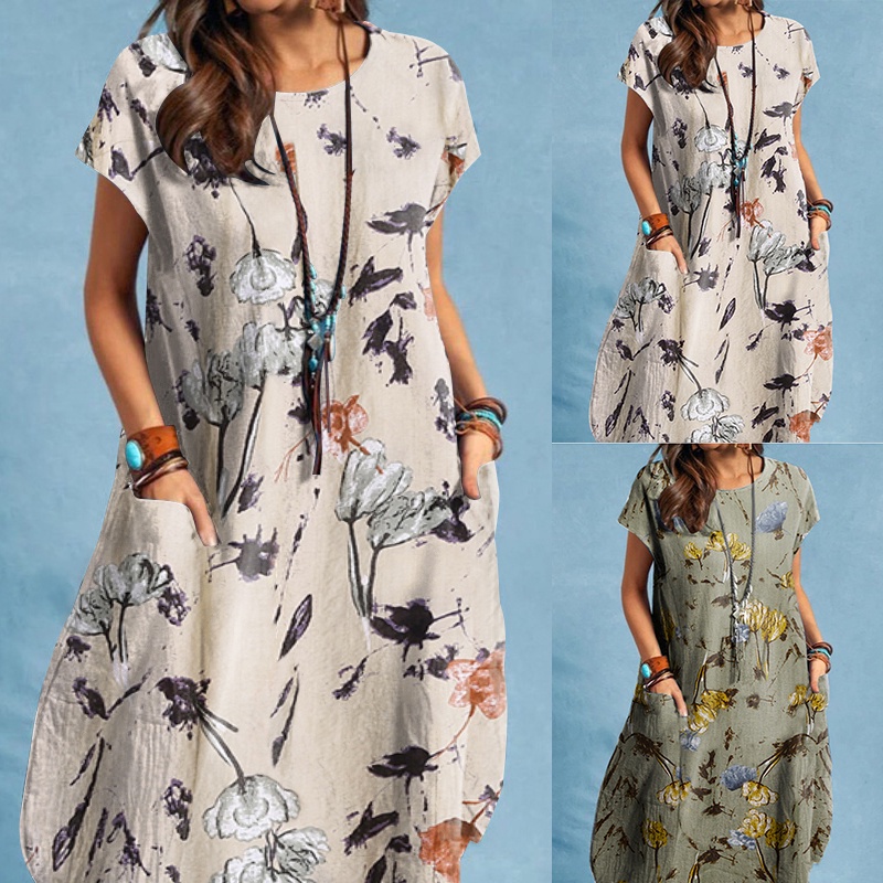 Đầm midi Zanzea tay ngắn cổ tròn in họa tiết hoa thời trang cho nữ