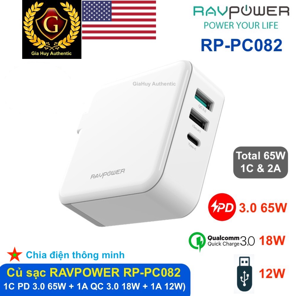 [Bản Quốc Tế] Củ sạc nhanh RAVPOWER RP-PC082 PD 65W 1C-2A