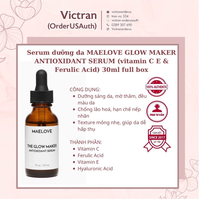 (BILL US) - Serum dưỡng da MAELOVE GLOW MAKER ANTIOXIDANT SERUM (vitamin C E & Ferulic Acid) 30ml full box