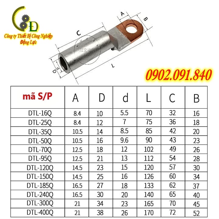 Đầu cos đồng nhôm 1 lỗ  đầu cốt bấm dây điện sử lý đồng nhôm DTL1-95