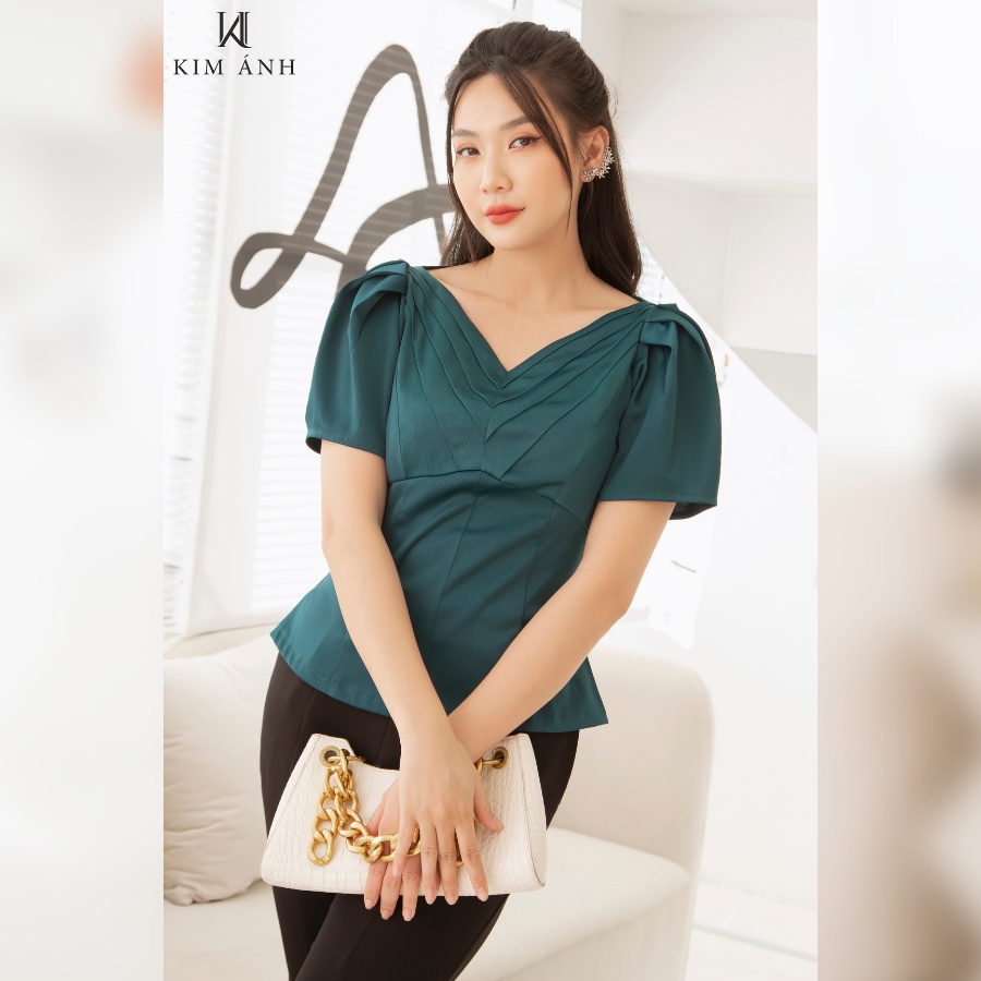 Áo Kiểu Thiết Kế Nữ, Áo Sơ Mi Nữ Công Sở Kim Ánh Laxis Top Tay Phồng Ngắn Sang Trọng