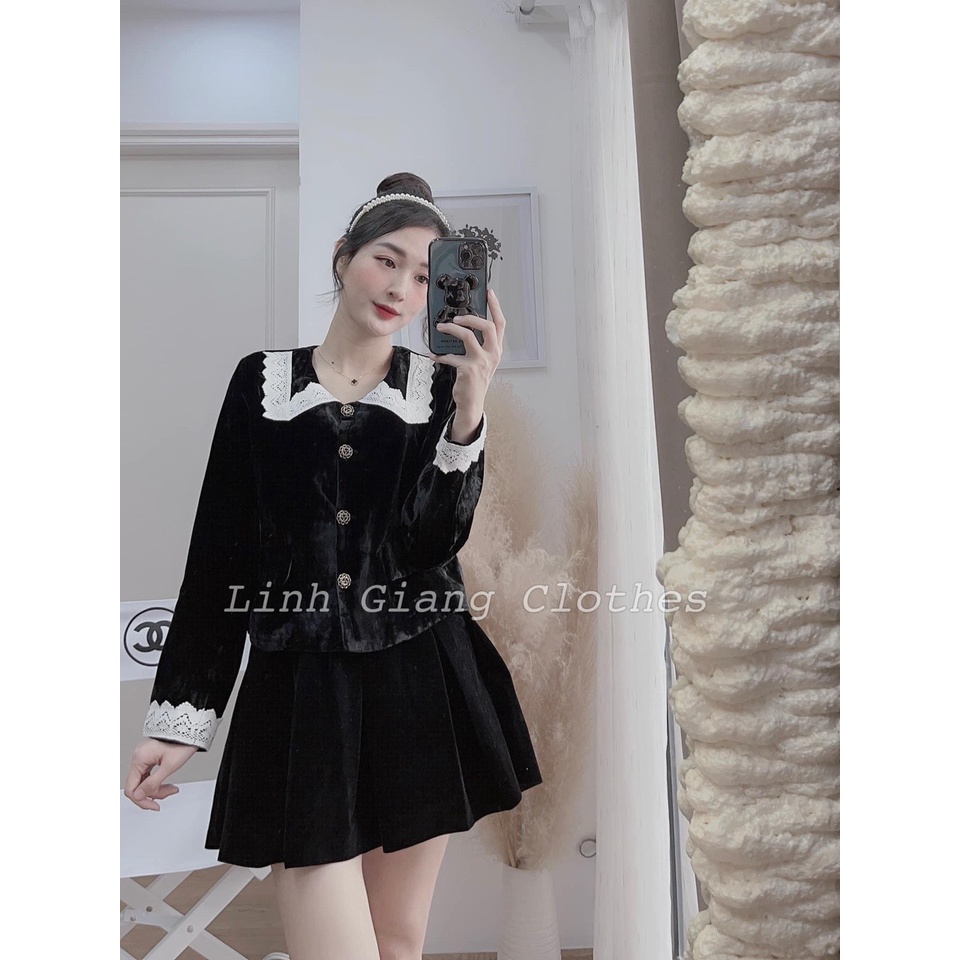 Set chân váy nhung ren cổ bèo tiểu thư đồ bộ nữ thu đông | BigBuy360 - bigbuy360.vn