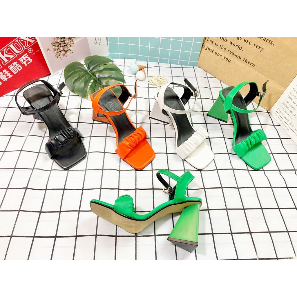 [ HOT HIT ] Giày Cao Gót Sandal Quai Ngang Thiết Kế Bèo Nhún Thời Trang, Gót Trụ Cao 8p - Gsd.quainhung