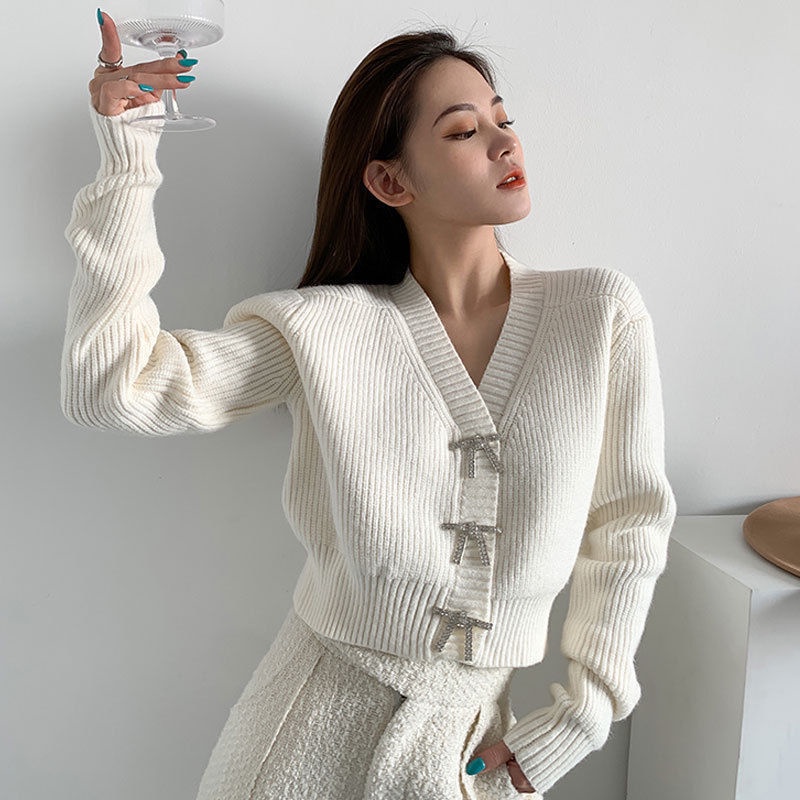 Áo Khoác Cardigan Dáng Lửng Ngắn Cổ Chữ V Dài Tay Đính Nút Hình Nơ Bling Bling Kiểu Hàn Quốc Chất Len Thỏ Loại 1