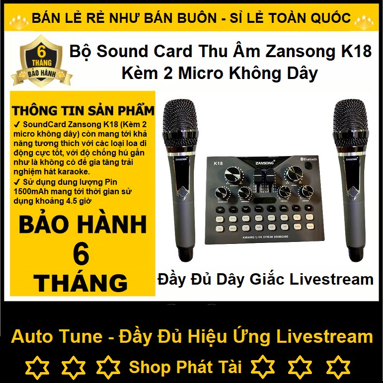 Bộ Mixer Karaoke LiveStream Zansong K18 - Chuyên Karaoke Gia Đình - Ghép Loa Kéo - Kèm 2 Micro Không Dây - Bảo Hành 6T