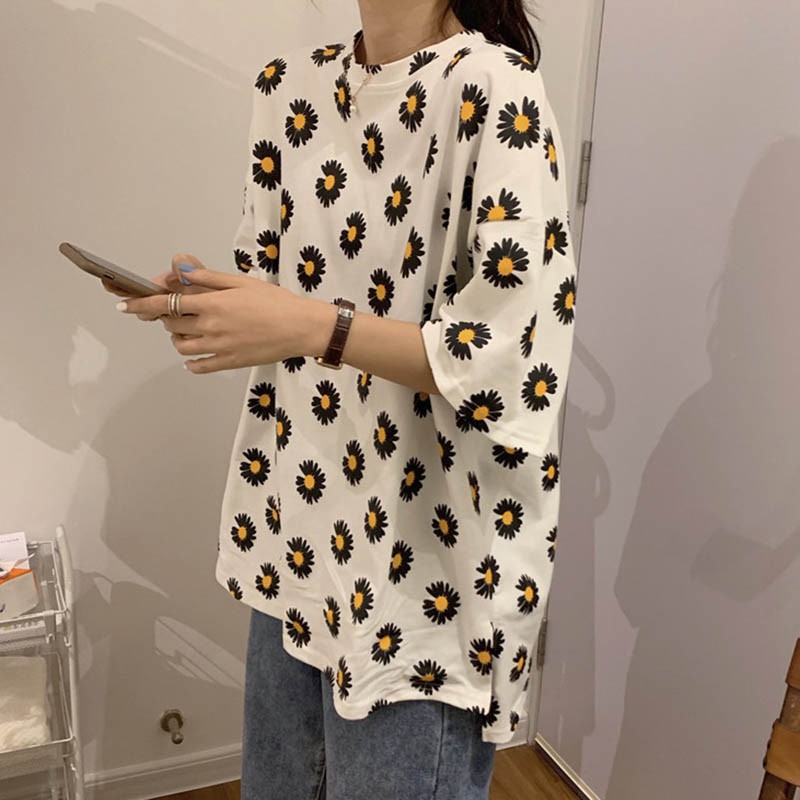 Áo Thun Tay Ngắn Cổ Tròn Hoạ Tiết Hoa Thiết Kế Dáng Rộng Thoải Mái