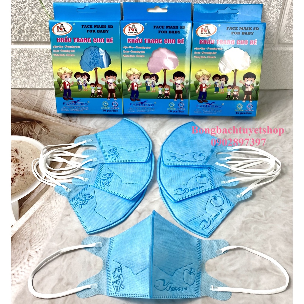Khẩu trang 5D CHO BÉ FAMAPRO MÀU TRƠN 3 lớp kháng khuẩn hộp 10 cái màu Trắng / Xanh / Hồng