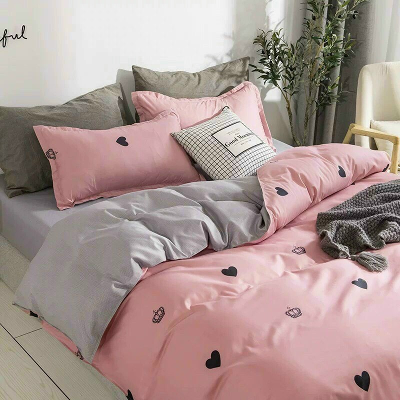 Bộ cotton poly hàn quốc Bo Decor 4 món đủ kích thước tim Hồng