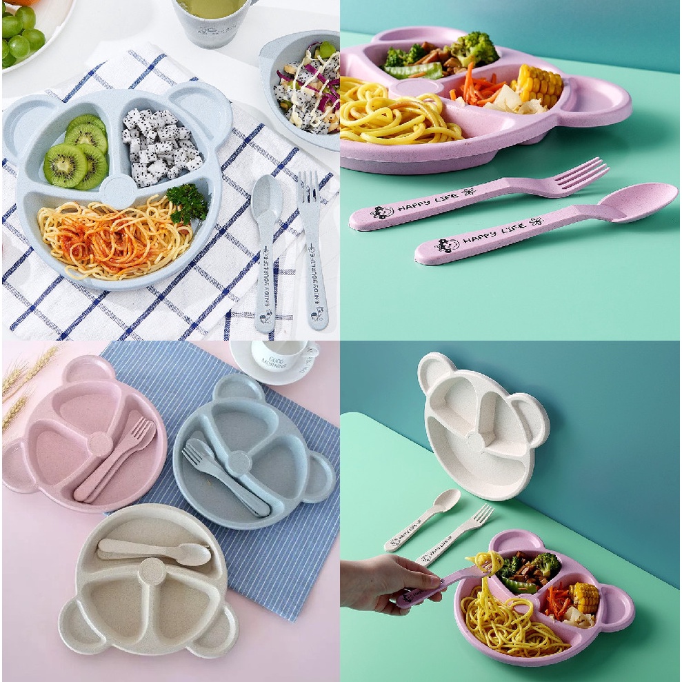 Khay ăn dặm hình gấu cho bé kèm thìa dĩa - Màu ngẫu nhiên