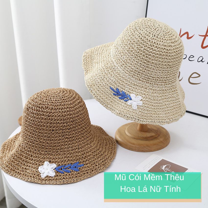 Mũ Bucket cói mềm thêu hoa lá nữ tính