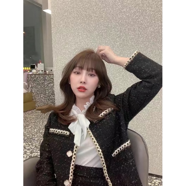 Set áo khoác không cổ + chân váy đen vải tweed sang chảnh viền trắng ulzzang